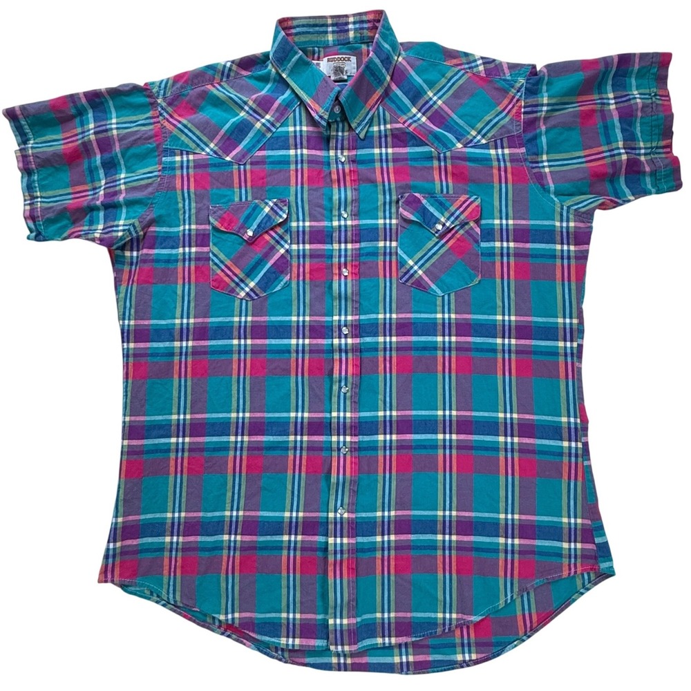 Ruddock Shirts Mens 19 Tall Western Pearl Snap Plaid Short‎ Sleeve Made in USA